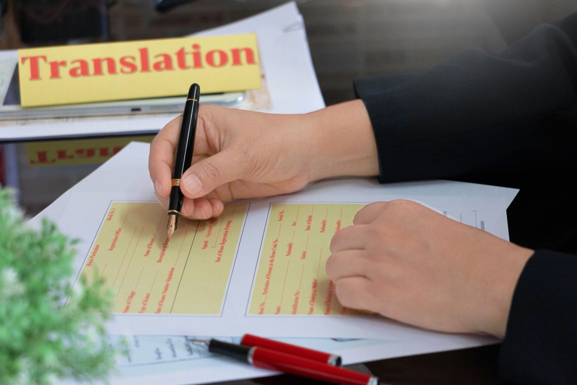 translation paperwork on table in office